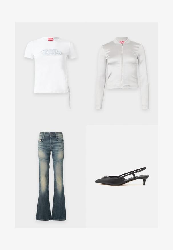 Hvid satin zip-up jakke med lange ærmer, tætsiddende design, ribbet krave og rødt logo ved nakken. Glat tekstur med minimal glans.; Hvid kortærmet t-shirt lavet af bomuld, med et diskret præget logo i blågrå på brystet og justerbar snørredetalje i siden.; Denimjeans med vidde i en falmet blå farve med let slid. Har lukning med knapper foran, fem lommer og en talje i mellemhøjde.; Sorte slingback-sko med spids tå, lavet af glat materiale, med en lille hæl og en dekorativ sølvaccent på vamps.