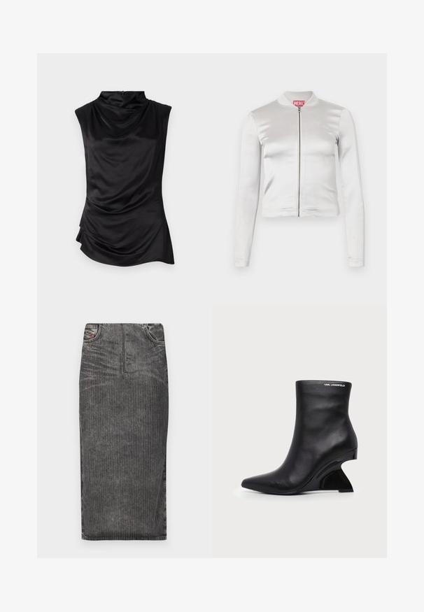 Veste zippée en satin blanc avec des manches longues, design ajusté, col côtelé et détail de logo rouge au niveau du cou. Texture lisse avec un reflet minimal.; Top sans manches noir en tissu lisse, présentant un col drapé, un ourlet asymétrique et un détail de fronces subtil sur le côté.; Jupe midi en denim gris avec des rayures verticales, présentant une taille haute, un design à cinq poches et un ourlet net.; Bottine en cuir noir avec talon sculpté incurvé et logo Karl Lagerfeld près du bord supérieur sur fond blanc.