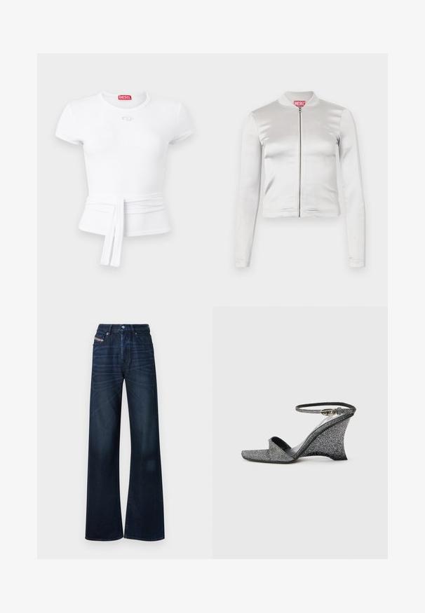 Veste zippée en satin blanc avec des manches longues, design ajusté, col côtelé et détail de logo rouge au niveau du cou. Texture lisse avec un reflet minimal.; Crop top blanc à manches courtes côtelées avec encolure ronde, ceinture amovible à la taille et petit patch avec logo Diesel sous le col.; Jean large à jambes larges bleu foncé en denim. Comprend une fermeture à boutons, un design à cinq poches et un léger délavage sur le devant.; Sandale compensée pailletée argentée avec bout ouvert, bride à la cheville et boucle dorée, vue de côté sur un fond clair uni.