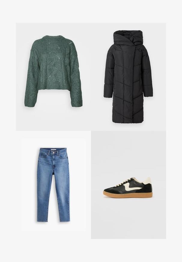 Sort puffjakke med en stor hætte, der har et diagonalt quiltet mønster, lange ærmer og en lige pasform, der strækker sig forbi knæene.; Afskåret grøn sweater med et tekstureret strikkemønster, som har bølgende designs og en ribbet halsudskæring. Lange ærmer og en afslappet pasform.; Blå højtaljede kvindejeans med frontknap og lynlåslukning, bæltestropper og fem-pockets design, flad på hvid baggrund.; Sorte ruskinds- og lædersneakers med en cremefarvet side-swoosh og lys cremefarvet hæl. Har beige snørebånd og en gummirubber-sål.