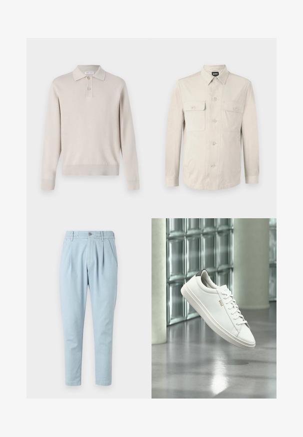 Lys beige skjorte med lange ærmer, to frontlommer og klassisk krave. Fremstillet af glat stof med en afslappet pasform.; Lys beige langærmet polo skjorte lavet af blødt materiale. Har krave, tre-knaps lukning og ribbede manchetter og kant.; Lyseblå bukser lavet af tekstureret stof, med knaplukning, elastisk talje og to sidelommer. Tapered ben design.; Hvid læder lav-top sneaker med snørebånd, sort hælflig og "BOSS"-logo, svævende indendørs nær glasblok væg og poleret gulv.