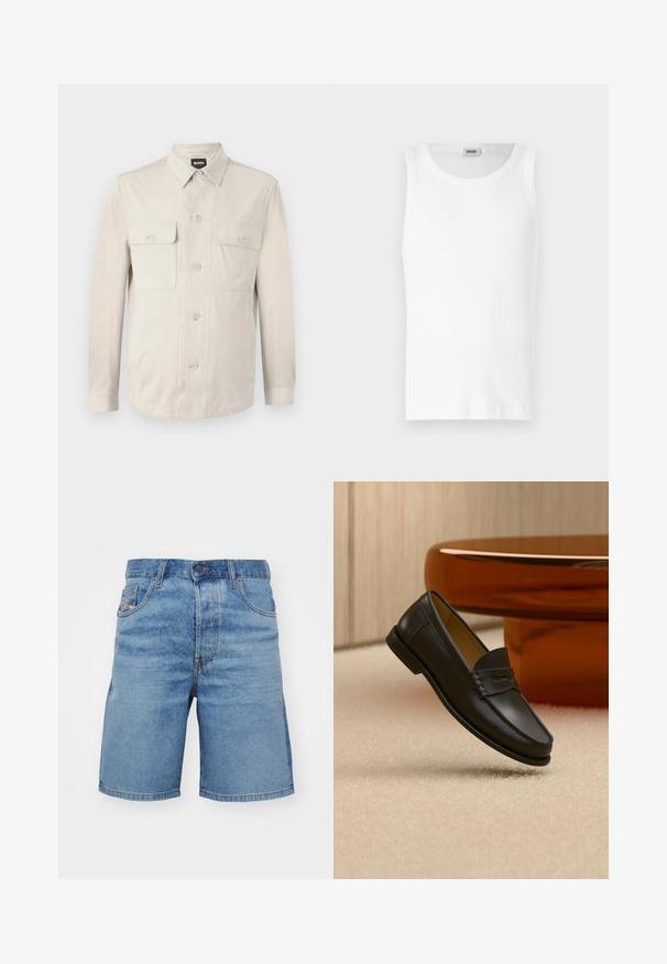 Camisa abotonada beige claro con mangas largas, dos bolsillos frontales y collar clásico. Hecha de una tela suave con un ajuste relajado.; Camiseta sin mangas de algodón blanco con cuello redondo y una textura suave. Diseño sencillo, sin patrones ni acentos.; Pantalones cortos de mezclilla azul claro con un corte clásico, ligero desvanecimiento, diseño de cinco bolsillos y costuras tono cobre. Presentan un cierre frontal con botón.; Zapato mocasín de cuero negro suspendido sobre una alfombra beige con muebles modernos de color ámbar en el fondo.