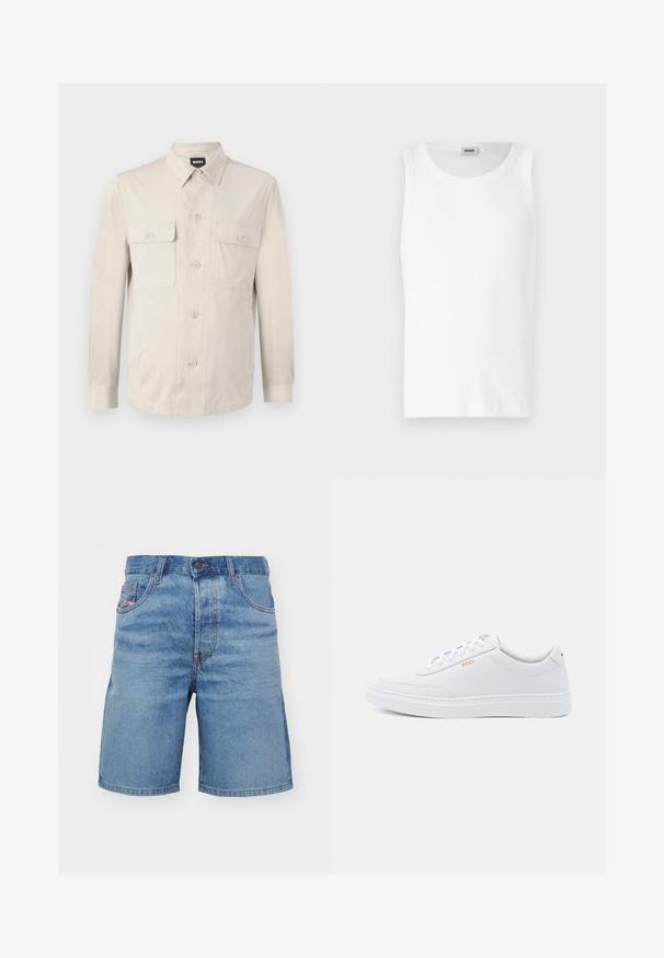 Chemise boutonnée beige clair à manches longues, avec deux poches avant et un col classique. Fabriquée en tissu lisse avec une coupe décontractée.; Débardeur en coton blanc sans manches avec un col rond et une texture lisse. Design simple, sans motifs ni accents.; Shorts en denim bleu clair avec une coupe classique, un léger délavage, un design à cinq poches et des coutures couleur cuivre. Comprend une fermeture à bouton à l'avant.; Baskets blanches en cuir avec une texture lisse, bout rond et coutures tonales. Possède des lacets bleus et un logo doré sur le côté.