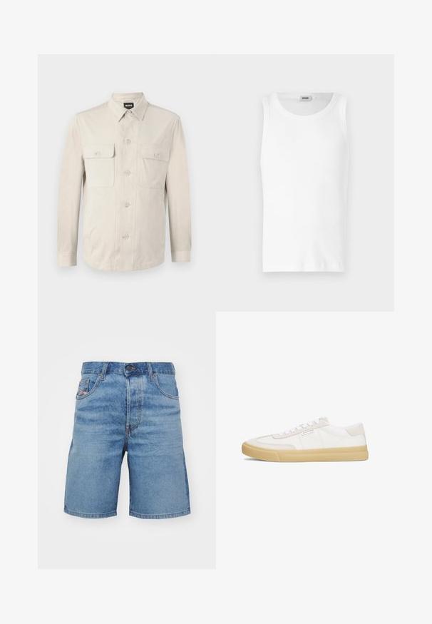 Camisa abotonada beige claro con mangas largas, dos bolsillos frontales y collar clásico. Hecha de una tela suave con un ajuste relajado.; Camiseta sin mangas de algodón blanco con cuello redondo y una textura suave. Diseño sencillo, sin patrones ni acentos.; Pantalones cortos de mezclilla azul claro con un corte clásico, ligero desvanecimiento, diseño de cinco bolsillos y costuras tono cobre. Presentan un cierre frontal con botón.; Zapatillas blancas de cuero y ante, con un diseño de cordones, suela de goma en tono marrón y un pequeño logo en el lateral.