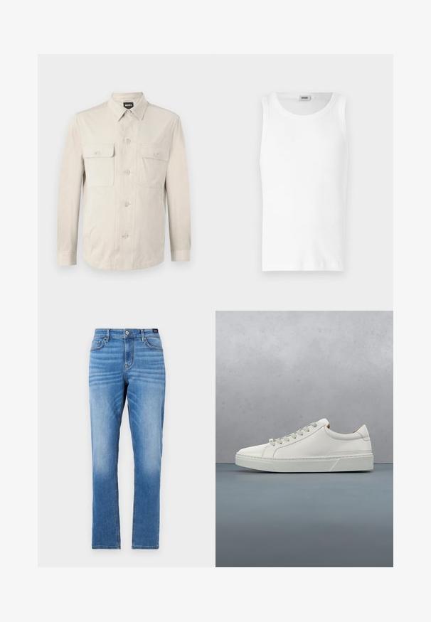 Lys beige skjorte med lange ærmer, to frontlommer og klassisk krave. Fremstillet af glat stof med en afslappet pasform.; Hvid bomulds tanktop uden ærmer med rund halsudskæring og en glat tekstur. Enkel design, ingen mønstre eller accenter.; Lyseblå denim jeans med lige pasform, fem-lomme design, knaplukning foran og diskret falmning på lårene.; Hvid lædersneaker med rund tå, minimalistisk design, grå snørebånd og en tekstureret grå gummisål. Subtile syningsdetaljer er synlige.