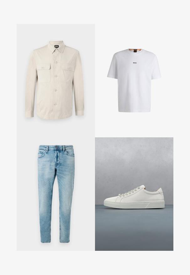 Hellbeige Hemd mit langen Ärmeln, zwei vorderen Taschen und klassischem Kragen. Aus glattem Stoff und in lockerer Passform.; Weißes Baumwoll-T-Shirt mit kurzen Ärmeln, ausgestattet mit einem schwarzen "BOSS"-Logo, das mittig auf der Brust platziert ist, und einem runden Halsausschnitt.; Helle blaue Denim-Jeans im Slim-Fit mit Fronttaschen und Knopfverschluss. Der Stoff hat eine weiche, strukturierte Oberfläche.; Weißes Leder-Sneaker mit abgerundetem Zehenbereich, minimalistisches Design, graue Schnürsenkel und einer strukturierten grauen Gummisohle. Dezente Nähte sichtbar.