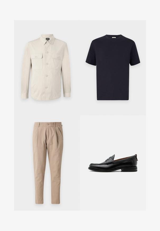 Lys beige skjorte med lange ærmer, to frontlommer og klassisk krave. Fremstillet af glat stof med en afslappet pasform.; Marineblå bomulds T-shirt med rund halsudskæring, korte ærmer og afslappet pasform; glat tekstur; ingen synlige mønstre eller hardware.; Beige bomuldsbukser med afslappet pasform, elastisk talje, knaplukning og sidelommer. Glat tekstur, tapered ben design.; Sort læder herre loafer med moc-tå syning, penny strop, struktureret krave og lav stablet hæl på hvid baggrund.