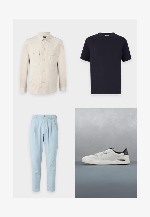 Camisa abotonada beige claro con mangas largas, dos bolsillos frontales y collar clásico. Hecha de una tela suave con un ajuste relajado.; Camiseta de algodón azul marino con escote redondo, manga corta y corte relajado; textura suave; sin patrones o elementos metálicos visibles.; Pantalones azul claro de tela texturizada, con cierre de botón, cinturilla elástica y dos bolsillos laterales. Diseño de pierna ajustada.; Zapatilla baja blanca con talón negro, cierre con cordones, perforaciones sutiles y el logo "BOSS" en el costado, mostrada desde el perfil exterior.