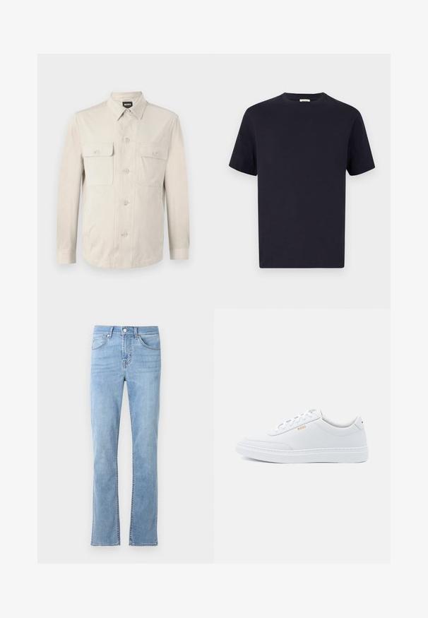 Lichtbeige overhemd met lange mouwen, twee voorkruiden en een klassieke kraag. Gemaakt van een zachte stof met een relaxte pasvorm.; Navy blauwe katoenen T-shirt met een ronde hals, korte mouwen en een relaxte pasvorm; gladde textuur; geen zichtbare patronen of hardware.; Lichtblauwe, rechte spijkerbroek van katoen denim. Heeft vijf zakken, een sluiting met een frontknop en subtiele stikdetails.; Witte leren sneakers met een gladde textuur, ronde neus en tonale stiksels. Voorzien van blauwe veters en een gouden logo op de zijkant.