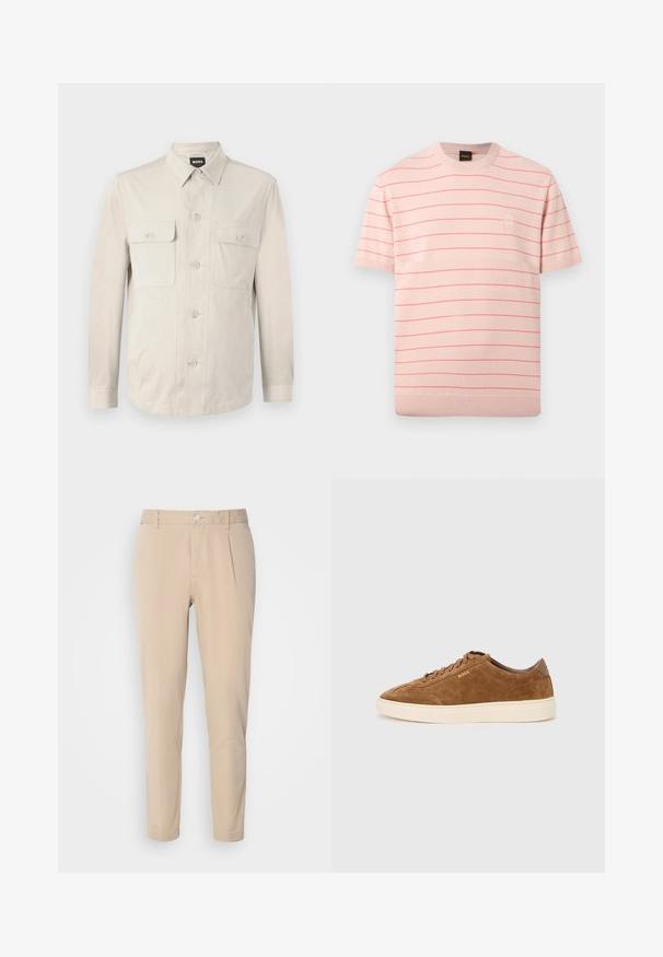 Chemise boutonnée beige clair à manches longues, avec deux poches avant et un col classique. Fabriquée en tissu lisse avec une coupe décontractée.; Chemise tricotée à manches courtes de couleur rose clair avec de fines rayures horizontales rouges et un petit patch logo carré sur le côté gauche de la poitrine.; Pantalon beige à coupe slim, fabriqué en tissu tissé. Équipé d'une fermeture à un bouton, d'un devant plissé et de jambes droites.; Baskets en daim marron avec bout rond, semelle en caoutchouc crème et lacets ton sur ton. Présentent un logo en relief sur le côté et un panneau arrière lisse.