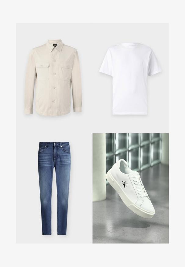 Lys beige skjorte med lange ærmer, to frontlommer og klassisk krave. Fremstillet af glat stof med en afslappet pasform.; Hvid kortærmet t-shirt lavet af bomuld med rund hals, der har en glat tekstur og et simpelt design uden mønstre eller accenter.; Herre slim fit blå denim jeans med klassisk fem-lommer stil og let falmning på lår og knæ, knap- og lynlås lukning.; Hvid Calvin Klein sneaker med snørebånd, vist svævende over en poleret betongulv og en baggrund af glasblokke.