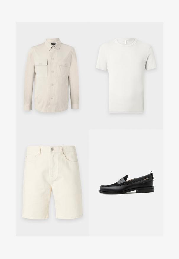 Chemise boutonnée beige clair à manches longues, avec deux poches avant et un col classique. Fabriquée en tissu lisse avec une coupe décontractée.; T-shirt blanc uni à manches courtes et col rond, étalé à plat sur un fond gris clair, avec une petite étiquette en tissu au niveau du col.; Shorts en denim beige clair avec une coupe classique, dotés de poches avant, de passants de ceinture et d'une fermeture à bouton. Texture lisse avec une couleur unie.; Mocassin en cuir noir avec détail de bride grise, talon bas et semelle texturée, marqué "HUGO" en or sur le côté.