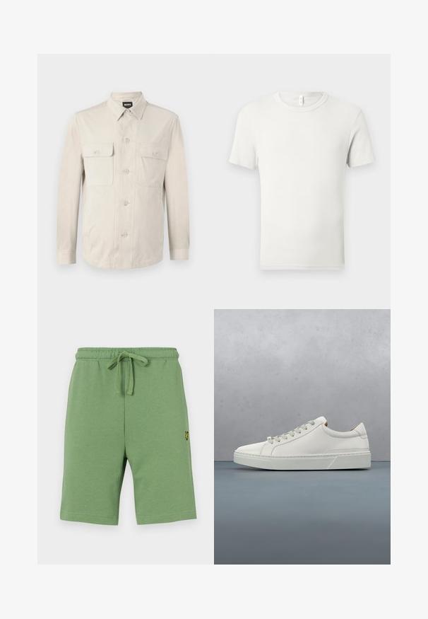 Camisa abotonada beige claro con mangas largas, dos bolsillos frontales y collar clásico. Hecha de una tela suave con un ajuste relajado.; Camiseta blanca lisa de manga corta y cuello redondo, extendida sobre una superficie gris claro, con una pequeña etiqueta de tela en el cuello.; Pantalones cortos de algodón verde con cintura elástica y cordón ajustable. Presenta un pequeño logo bordado amarillo en el lado izquierdo.; Zapatilla blanca de cuero con punta redondeada, diseño minimalista, cordones grises y suela de goma texturizada gris. Detalles de costura sutiles visibles.
