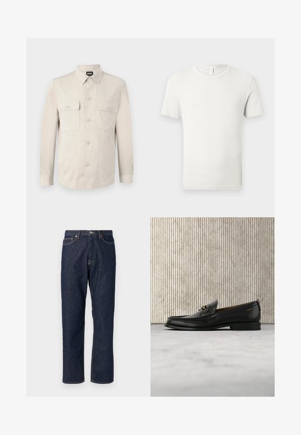 Lys beige skjorte med lange ærmer, to frontlommer og klassisk krave. Fremstillet af glat stof med en afslappet pasform.; Hvid kortærmet T-shirt med rund hals lagt fladt på en lysgrå baggrund med en lille stofmærkat ved kraven.; Mørkeblå denim jeans med lige ben-design. Har knappelukning og lynlås, fem lommer og kontraststikningsdetaljer.; Sort læderloafers med guldfarvet metaldekoration og "HUGO" branding, vist mod en beige tæppe og brunt gennemsigtigt møbel.