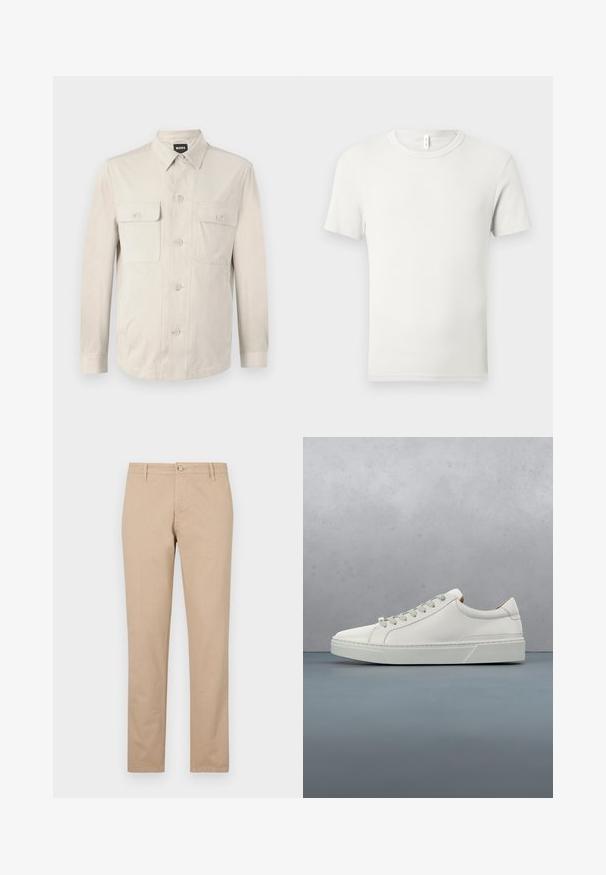 Chemise boutonnée beige clair à manches longues, avec deux poches avant et un col classique. Fabriquée en tissu lisse avec une coupe décontractée.; T-shirt blanc uni à manches courtes et col rond, étalé à plat sur un fond gris clair, avec une petite étiquette en tissu au niveau du col.; Pantalon beige en coton avec une coupe droite, doté d'une fermeture à bouton à l'avant, de poches latérales et de détails texturés subtils.; Baskets en cuir blanc avec un bout arrondi, design minimaliste, lacets gris et semelle en caoutchouc gris texturé. Détails de couture subtils visibles.