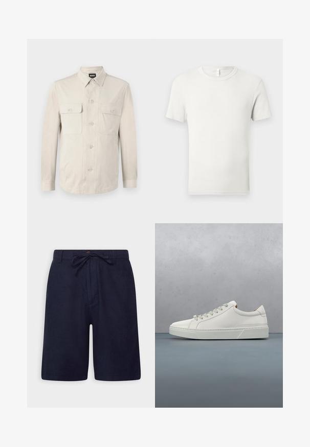 Camisa abotonada beige claro con mangas largas, dos bolsillos frontales y collar clásico. Hecha de una tela suave con un ajuste relajado.; Camiseta blanca lisa de manga corta y cuello redondo, extendida sobre una superficie gris claro, con una pequeña etiqueta de tela en el cuello.; Pantalones cortos azul marino hechos de una tela ligera, con cintura ajustable, cierre de botón y bolsillos laterales. Textura suave y corte entallado.; Zapatilla blanca de cuero con punta redondeada, diseño minimalista, cordones grises y suela de goma texturizada gris. Detalles de costura sutiles visibles.