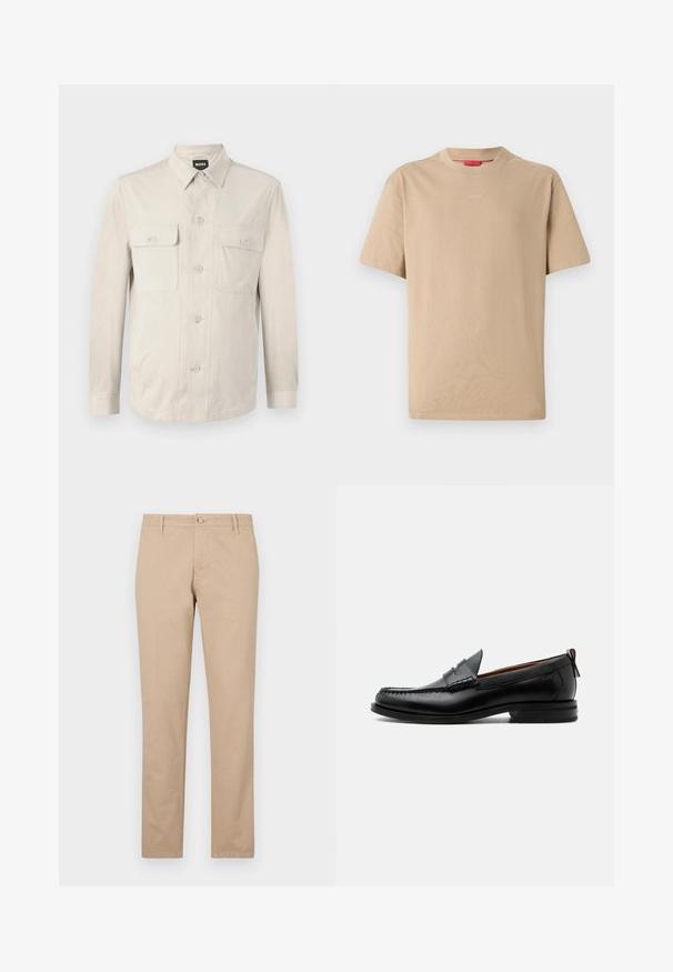 Camisa abotonada beige claro con mangas largas, dos bolsillos frontales y collar clásico. Hecha de una tela suave con un ajuste relajado.; Camiseta de algodón beige con mangas cortas, escote redondo y sutil logo "HUGO" en el centro. Textura suave, corte relajado.; Pantalones beige de algodón con corte recto, que cuentan con un cierre frontal de botones, bolsillos laterales y detalles de textura sutil.; Mocasín de hombre de piel negra con costura moc toe, tira penny, cuello texturizado y tacón bajo apilado sobre fondo blanco.