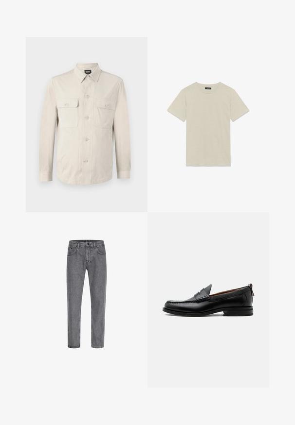Lys beige skjorte med lange ærmer, to frontlommer og klassisk krave. Fremstillet af glat stof med en afslappet pasform.; Enkelt beige kortærmet T-shirt med rund hals, lagt fladt med et sort rektangulært mærke på bagsiden indeni kraven.; Grå denim jeans med lige snit, fem-lomme design, klassisk knap- og lynlås-lukning, og subtil falmning på stofstrukturen.; Sort læder herre loafer med moc-tå syning, penny strop, struktureret krave og lav stablet hæl på hvid baggrund.