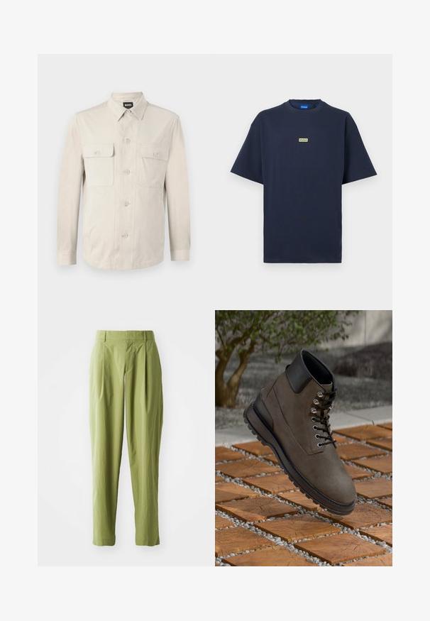 Camisa abotonada beige claro con mangas largas, dos bolsillos frontales y collar clásico. Hecha de una tela suave con un ajuste relajado.; Camiseta de manga corta azul marino con un pequeño logo rectangular beige que dice "HUGO" centrado en el pecho.; Pantalones verdes claros hechos de una tela texturizada, con una forma recta, pliegues en la parte frontal y una cinturilla estándar.; Bota de ante marrón a la altura del tobillo con acentos de cuero negro, puntera redonda, ojales de metal y cordones. Suela de goma con agarre texturizado. Flotando sobre baldosas de madera.