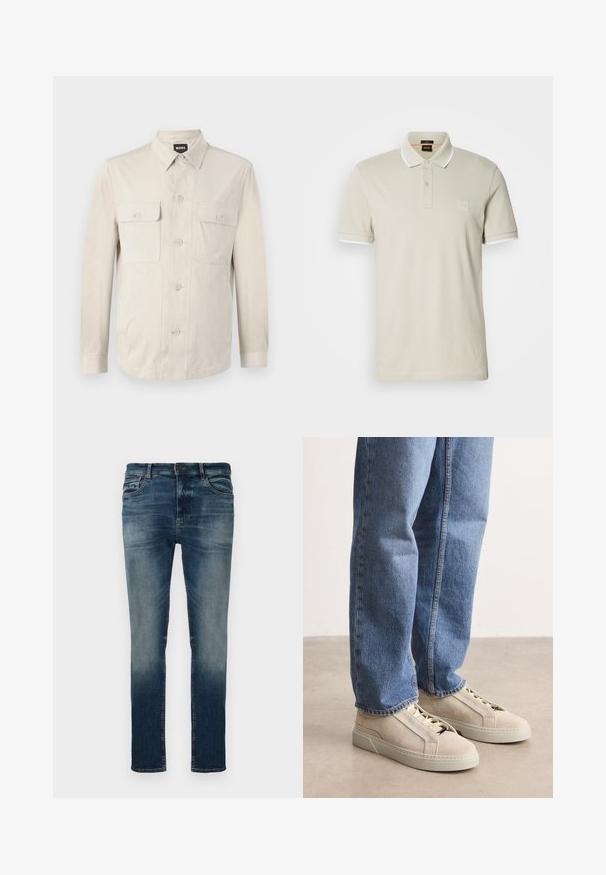 Hellbeige Hemd mit langen Ärmeln, zwei vorderen Taschen und klassischem Kragen. Aus glattem Stoff und in lockerer Passform.; Hellbeiges Poloshirt aus Baumwolle. Verfügt über einen klassischen Kragen, eine Zweiknopfleiste und kontrastierende weiße Manschetten. Mit einem Logo-Patch versehen.; Dunkelblaue Denim-Jeans mit bleichendem Wasch-Effekt, schlanker Passform, Fünf-Taschen-Design, Gürtelschlaufen und Metallknopfverschluss. Glatte Textur.; BOSS GARYTENN_SDHDEL - Sneaker low - natural ten