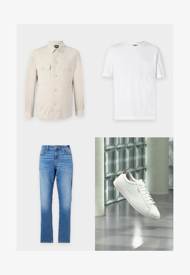 Hellbeige Hemd mit langen Ärmeln, zwei vorderen Taschen und klassischem Kragen. Aus glattem Stoff und in lockerer Passform.; Weißes Baumwoll-T-Shirt mit Rundhalsausschnitt, kurzen Ärmeln und umgeschlagenen Bündchen; schlichtes Design, weiche Textur und gerade geschnitten.; Hellblaue Denim-Jeans mit geradem Schnitt, fünf Taschen, vorderem Knopfverschluss und dezenten Ausbleichungen an den Oberschenkeln.; Weißer Leder-Low-Top-Sneaker mit Schnürsenkeln, schwarzer Fersenschlaufe und „BOSS“-Logo, der drinnen nahe einer Glassteinwand und einem polierten Boden schwebt.