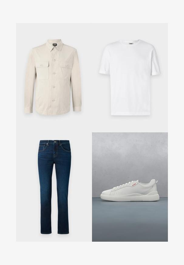 Lys beige skjorte med lange ærmer, to frontlommer og klassisk krave. Fremstillet af glat stof med en afslappet pasform.; Hvid bomulds T-shirt med rund hals, korte ærmer og oprevet manchetter; enkel design, blød tekstur og lige snit.; Mørkeblå jeans med et lige ben-design, klassisk fem-lomme stil og subtile syninger. Fremstillet af denimstof.; Hvide sneakers med en glat læderfinish, rund tå, fire snørehuller, subtile perforeringer og en rød logo detalje på siden.