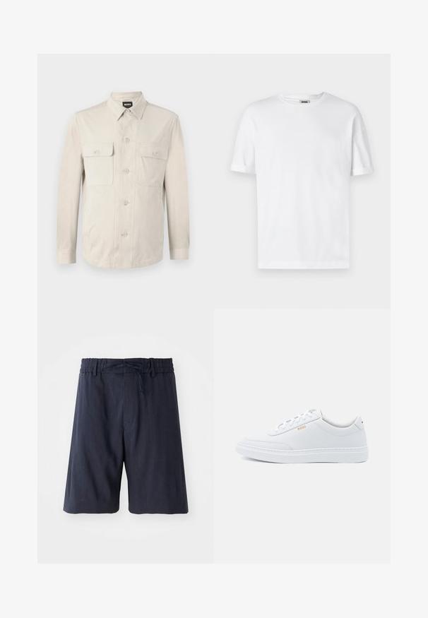 Chemise boutonnée beige clair à manches longues, avec deux poches avant et un col classique. Fabriquée en tissu lisse avec une coupe décontractée.; T-shirt en coton blanc avec un col rond, des manches courtes et des revers roulés ; design sobre, texture douce et coupe droite.; Shorts bleu marine avec une taille élastique, cordon de serrage réglable, et un tissu doux au toucher. Présentent une coupe au genou et un design minimaliste.; Baskets blanches en cuir avec une texture lisse, bout rond et coutures tonales. Possède des lacets bleus et un logo doré sur le côté.