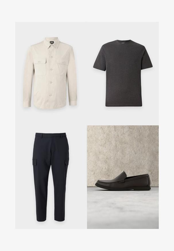 Lichtbeige overhemd met lange mouwen, twee voorkruiden en een klassieke kraag. Gemaakt van een zachte stof met een relaxte pasvorm.; Grijze t-shirt met korte mouwen, gemaakt van een zachte, lichte stof, met een ronde hals en minimale naden. Geschikt voor casual gebruik.; Donkerblauwe cargobroek met rechte pijpen, twee zijzakken en een vlakke voorkant. Gemaakt van een lichtgewicht stof.; Donkerbruine leren instappers met een ronde neus, subtiele stikdetails en een lage rubberen zool. Gladde textuur met een flexibele pasvorm.