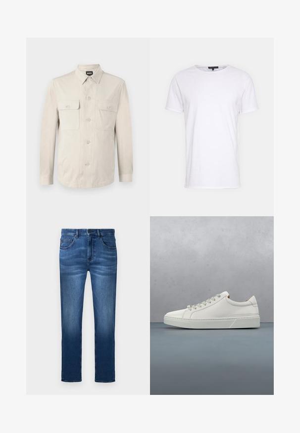 Lys beige skjorte med lange ærmer, to frontlommer og klassisk krave. Fremstillet af glat stof med en afslappet pasform.; Hvid bomulds t-shirt med rund halsudskæring, korte ærmer og lige snit. Har en enkel, glat overflade uden yderligere mønstre.; Mørkeblå jeans lavet af denim med fem lommer, lynlås og lige ben-design med let fading på lårene.; Hvid lædersneaker med rund tå, minimalistisk design, grå snørebånd og en tekstureret grå gummisål. Subtile syningsdetaljer er synlige.