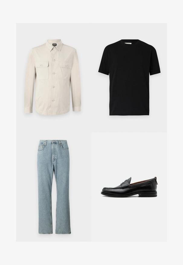 Hellbeige Hemd mit langen Ärmeln, zwei vorderen Taschen und klassischem Kragen. Aus glattem Stoff und in lockerer Passform.; Schwarzes kurzärmliges T-Shirt aus Baumwolle mit Rundhalsausschnitt und lockerer Passform. Sanfte Textur, keine Muster oder sichtbaren Logos.; Helles blaues Denim-Jeans mit hoher Taille, weit geschnittenen geraden Beinen und einfacher Naht. Verfügt über fünf Taschen und einen klassischen Knopfverschluss.; Schwarzer Leder-Herrenschuh mit Mokassinnaht, Penny-Riemen, strukturiertem Kragen und niedrigem gestapeltem Absatz auf weißem Hintergrund.