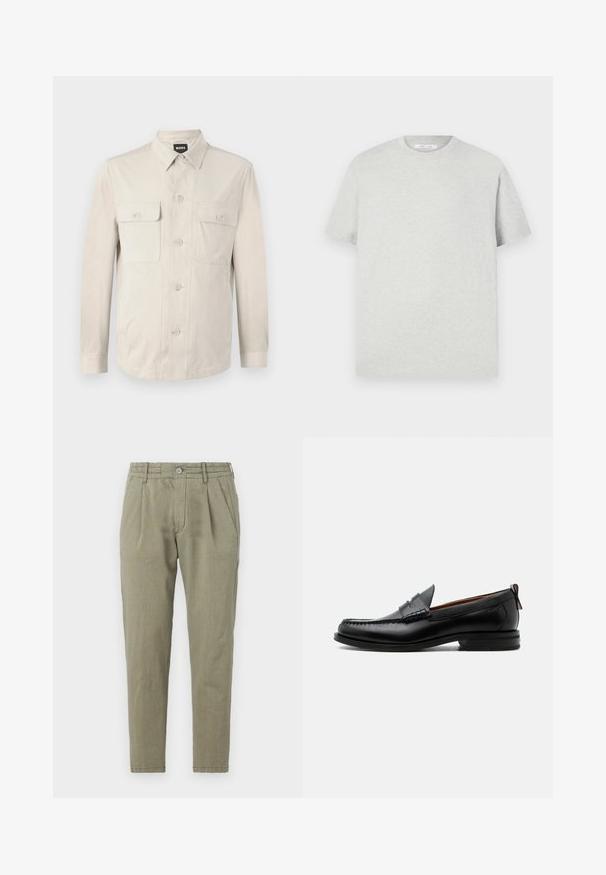 Camisa abotonada beige claro con mangas largas, dos bolsillos frontales y collar clásico. Hecha de una tela suave con un ajuste relajado.; Camiseta de manga corta gris claro hecha de material suave, con cuello redondo y un corte relajado, sin patrones ni acentos visibles.; Pantalones verde claro, ajustados y de tiro recto, hechos de una tela texturizada, con cierre de botón, frente con pliegues y bolsillos laterales.; Mocasín de hombre de piel negra con costura moc toe, tira penny, cuello texturizado y tacón bajo apilado sobre fondo blanco.