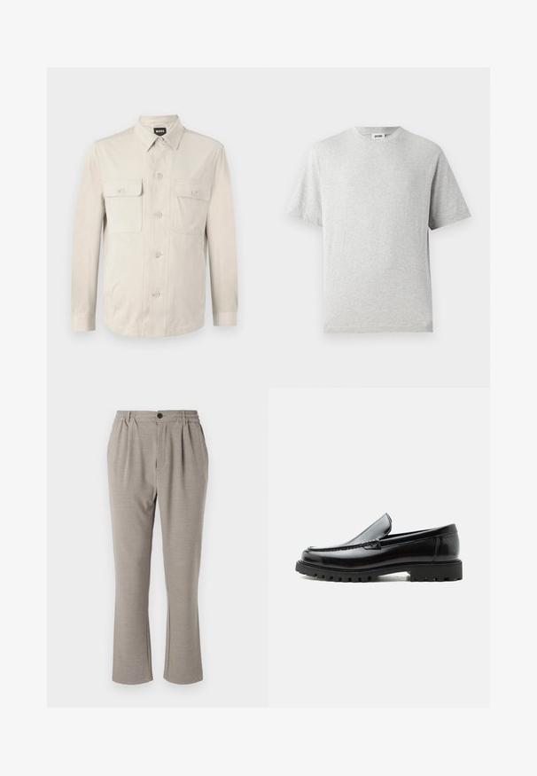 Lys beige skjorte med lange ærmer, to frontlommer og klassisk krave. Fremstillet af glat stof med en afslappet pasform.; Grå kortærmet t-shirt lavet af blødt stof. Har rund hals, afslappet pasform og ingen mønstre eller logoer. Glat tekstur hele vejen igennem.; Lyse grå bukser med en afslappet pasform, lavet af blødt stof, med elastisk talje, plisseringer og en enkelt knaplukning.; Sort læderloafer med chunky gummisål, syet overdel og præget mærkenavn på hælen, vist i sideprofil på hvid baggrund.