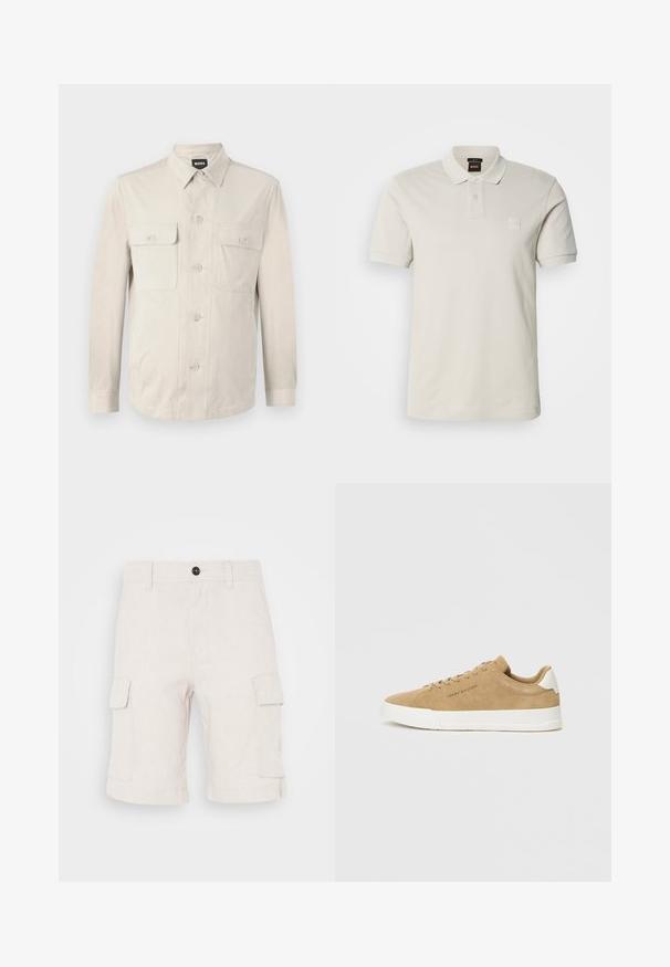 Lys beige skjorte med lange ærmer, to frontlommer og klassisk krave. Fremstillet af glat stof med en afslappet pasform.; Lysebeige polotrøje lavet af glat bomuld, med klassisk krave, korte ærmer, to knapper og et lille logo på brystet.; Beige cargo shorts lavet af letvægtsstof, med to sidelommer og en foldet nederkant. Knaplukning i taljen.; Beige ruskinds sneakers med en hvid gummisål, rund tå, flade snørebånd og et diskret logo på siden. Glat tekstur og minimalistisk design.