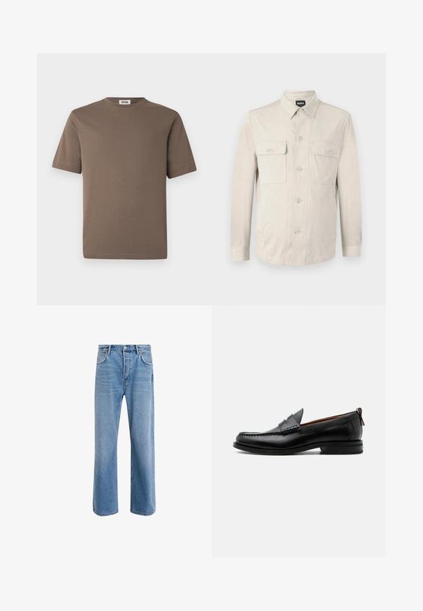 Chemise boutonnée beige clair à manches longues, avec deux poches avant et un col classique. Fabriquée en tissu lisse avec une coupe décontractée.; T-shirt en coton marron à manches courtes, col rond et texture lisse. Présente un ourlet droit et un design minimaliste.; Jeans en denim bleu clair avec une coupe droite, cinq poches, fermeture à bouton, peu d'usure et des détails de couture contrastés.; Mocassin homme en cuir noir avec couture moc toe, bride penny, col texturé et petit talon empilé sur fond blanc.