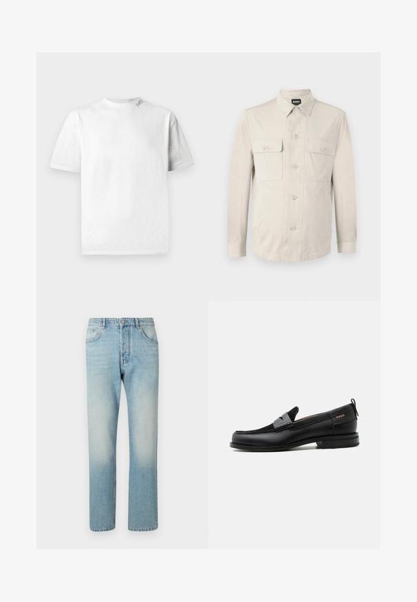 Lichtbeige overhemd met lange mouwen, twee voorkruiden en een klassieke kraag. Gemaakt van een zachte stof met een relaxte pasvorm.; Witte T-shirt met korte mouwen en ronde hals, met een subtiele textuur en een klein logodetaillering op de linkerschouder.; Lichtblauwe jeans van denim, met een rechte pijpdesign, vijf zakken en een vervaagde was-effect op de dijen.; Zwarte leren loafer met grijs riemdetailelement, lage hak en gestructureerde zool, aan de zijkant gebrandmerkt met "HUGO" in goud.