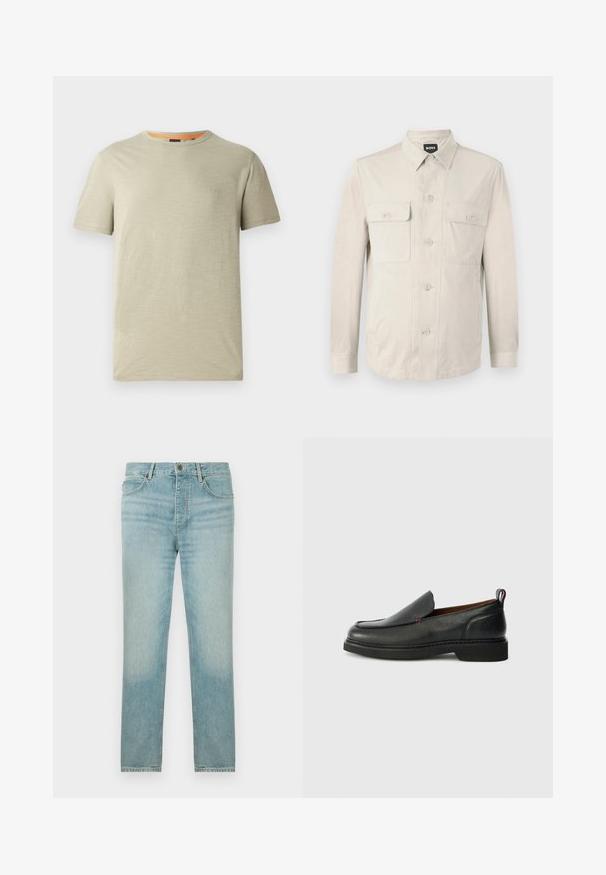 Lys beige skjorte med lange ærmer, to frontlommer og klassisk krave. Fremstillet af glat stof med en afslappet pasform.; Lys grøn kortærmet t-shirt lavet af tekstureret stof. Har en rund halsudskæring og et lille præget "BOSS" logo på brystet.; Lyseblå denim jeans med lige ben, der har en falmet vask, fem-lomme design og frontknaplukning.; Sorte læder slip-on sko med rund tå, struktureret overdel, kontrasterende rød syning og lav hæl. Funktioner en løkke pull tab.