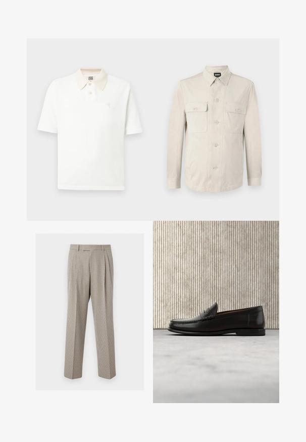Hellbeige Hemd mit langen Ärmeln, zwei vorderen Taschen und klassischem Kragen. Aus glattem Stoff und in lockerer Passform.; Weißes Poloshirt mit kurzen Ärmeln, beigem Kragen, zwei Knöpfen, strukturierter Stoff und kleinem, auf der Brust gesticktem Logo.; Beige und braun karierte, gerade geschnittene Hose mit Falten, Gürtelschlaufen und maßgeschneiderter Passform vor einem schlichten weißen Hintergrund.; Schwarzer Pennyloafer aus Leder mit niedrigem Absatz, abgerundeter Spitze und genähten Details vorne und an den Seiten, gezeigt vor neutralem Hintergrund.