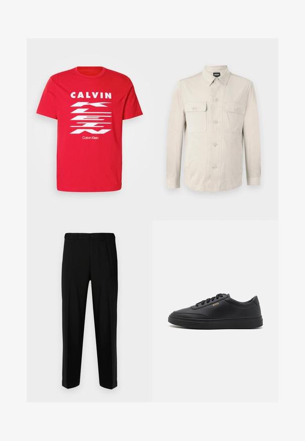 Vaaleanbeige napillinen paita, jossa on pitkät hihat, kaksi etutaskua ja klassinen kaulus. Valmistettu sileästä kankaasta, rento malli.; Punainen puuvillapaita, jossa on rohkeaa valkoista tekstiä "CALVIN KLEIN" ja vinoraitakuosi. Lyhyet hihat ja pyöreä kaula-aukko.; Mustat housut sileästä kankaasta, suora malli, kaksi etutaskua sekä vetoketjulla ja napilla varustettu etulukitus.; Mustat nahkakengät, joissa on sileä pinta, pyöreä varvas, litteä kumipohja ja sävy säikeet. Sivussa kultainen "BOSS" -brändäys.