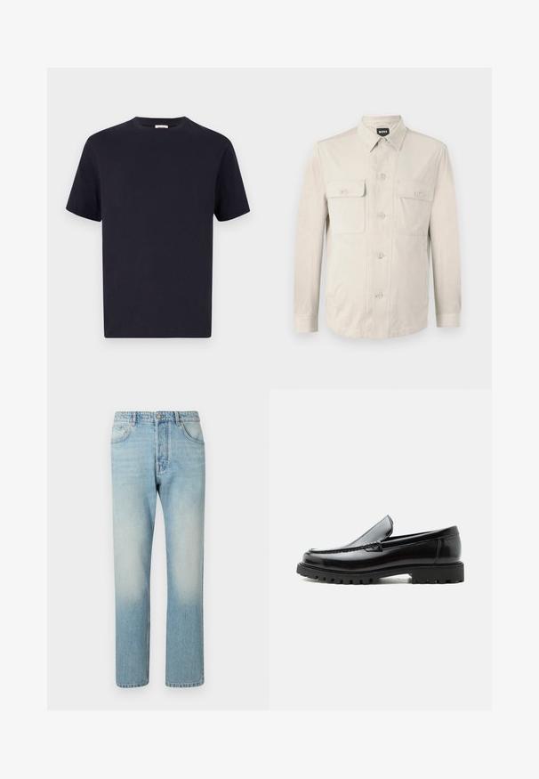 Lichtbeige overhemd met lange mouwen, twee voorkruiden en een klassieke kraag. Gemaakt van een zachte stof met een relaxte pasvorm.; Navy blauwe katoenen T-shirt met een ronde hals, korte mouwen en een relaxte pasvorm; gladde textuur; geen zichtbare patronen of hardware.; Lichtblauwe jeans van denim, met een rechte pijpdesign, vijf zakken en een vervaagde was-effect op de dijen.; Zwarte leren loafer met dikke rubberen zool, gestikte bovenkant en gegraveerde merknaam op de hiel, zijaanzicht op witte achtergrond.