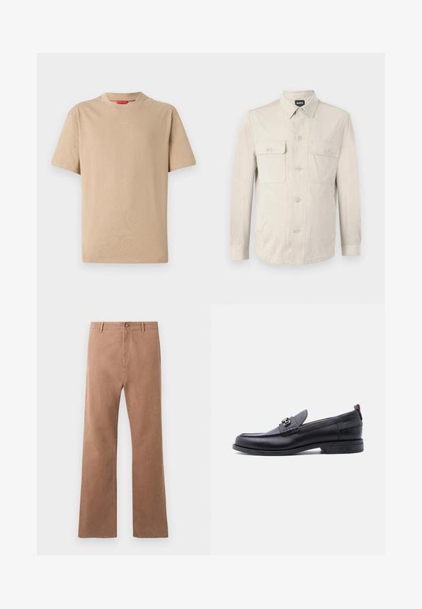 Vaaleanbeige napillinen paita, jossa on pitkät hihat, kaksi etutaskua ja klassinen kaulus. Valmistettu sileästä kankaasta, rento malli.; Beige puuvillane T-särk lühikeste varrukatega, ümar kaelus ja delikaadne "HUGO" logo keskel. Sile tekstuur, lõdvestatud istuvus.; Ruske suknje ravnih nogavica iz pamuka. Imaju zatvaranje na gumb, prednje žepove i vidljivo šivanje duž šavova.; Musta nahkainen loafer, jossa on harmaa teksturoitu päällinen, hopeanvärinen metallisolki, matala korko ja vetolenkki takana.