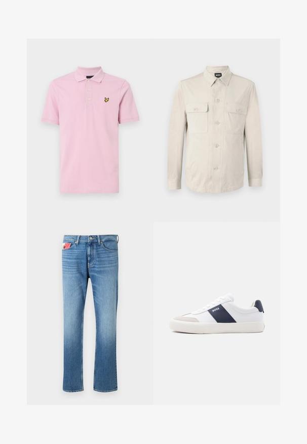 Chemise boutonnée beige clair à manches longues, avec deux poches avant et un col classique. Fabriquée en tissu lisse avec une coupe décontractée.; Polo shirt rose clair en coton, doté d'un col classique, de trois boutons et d'un logo brodé jaune sur la poitrine gauche.; Jean en denim bleu délavé avec une coupe droite, comprenant une fermeture à bouton, cinq poches et une patch sur la poche avant.; Baskets blanches basses avec une bande latérale marine, logo "BOSS", bout beige et semelle blanche, présentées de profil sur un fond clair.