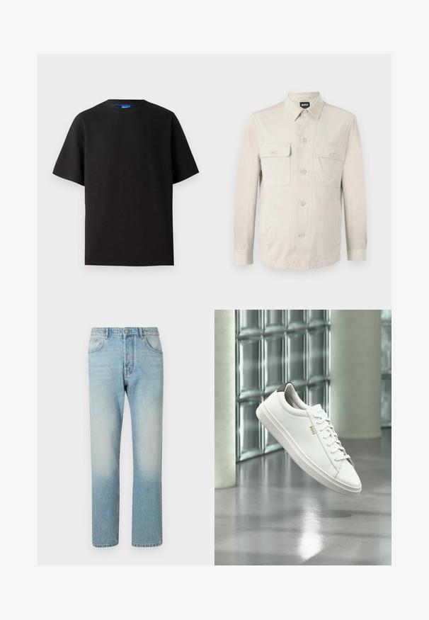 Hellbeige Hemd mit langen Ärmeln, zwei vorderen Taschen und klassischem Kragen. Aus glattem Stoff und in lockerer Passform.; Schwarzes T-Shirt mit kurzen Ärmeln, Rundhalsausschnitt, aus Rippstoff gefertigt. Hat einen lockeren Schnitt und ein dezentes blaues Markenetikett im Halsbereich.; Helle blaue Jeans aus Denim mit geradem Bein, fünf Taschen und einem ausgewaschenen Effekt an den Oberschenkeln.; Weißer Leder-Low-Top-Sneaker mit Schnürsenkeln, schwarzer Fersenschlaufe und „BOSS“-Logo, der drinnen nahe einer Glassteinwand und einem polierten Boden schwebt.