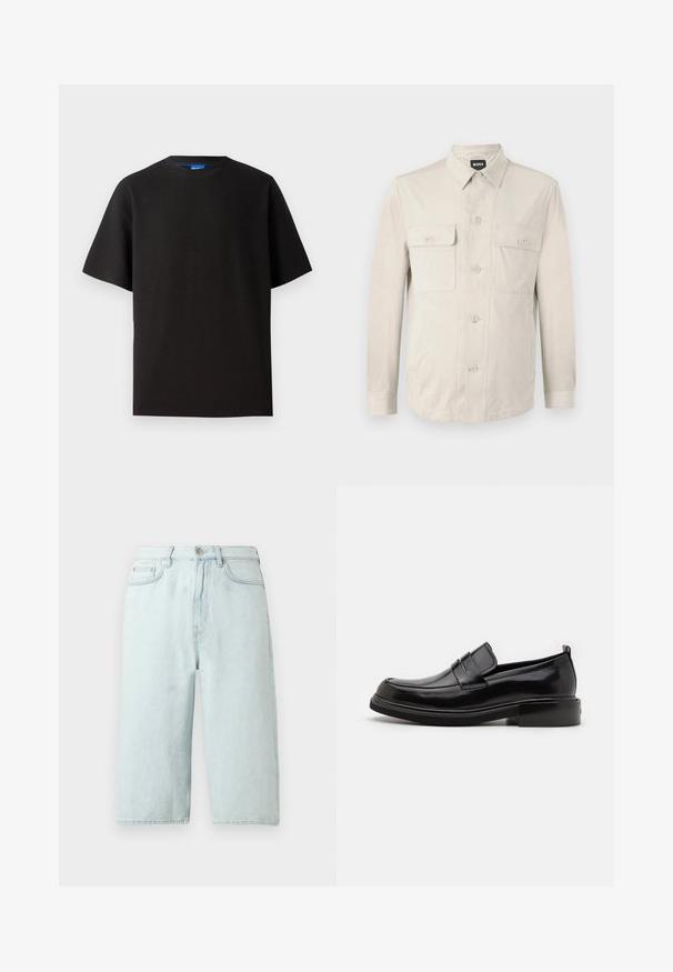Lys beige skjorte med lange ærmer, to frontlommer og klassisk krave. Fremstillet af glat stof med en afslappet pasform.; Sort t-shirt med korte ærmer, rund hals, lavet af ribbet stof. Har en afslappet pasform og et subtile blåt mærke indeni halsudskæringen.; Lyseblå denimshorts med lige ben, mellemhøj talje, forlommer og en enkelt baglomme, afsluttet med diskret syning.; Calvin Klein MOCCASIN - Business loafers - black