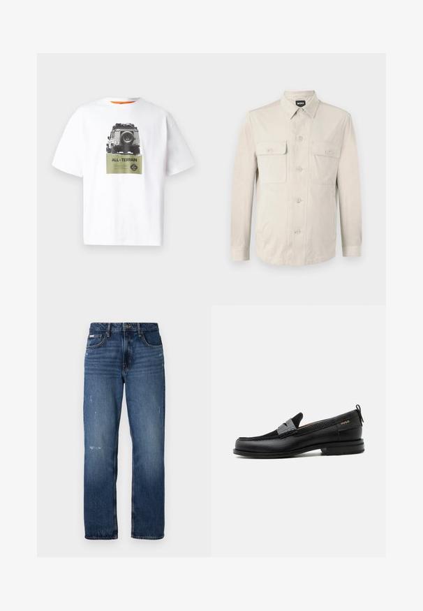Hellbeige Hemd mit langen Ärmeln, zwei vorderen Taschen und klassischem Kragen. Aus glattem Stoff und in lockerer Passform.; Weißes Baumwoll-T-Shirt mit einem Grafikdesign eines Fahrzeugs und dem Text "ALL-TERRAIN" in Grün, mit einem Schwarz-Weiß-Design. Orangefarbener Innenkragen.; Blaue Denim-Jeans mit geradem Bein. Sie verfügen über ausgewaschene Bereiche und leichte Abnutzungsspuren auf der Vorderseite sowie einen klassischen Knopfverschluss.; Schwarzer Lederloafer mit grauem Riemendetail, niedrigem Absatz und strukturierter Sohle, seitlich mit „HUGO“ in Gold gebrandmarkt.