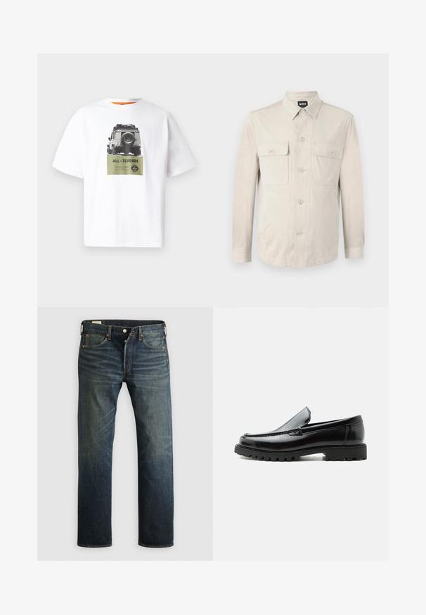 Lys beige skjorte med lange ærmer, to frontlommer og klassisk krave. Fremstillet af glat stof med en afslappet pasform.; Hvid bomulds t-shirt med et grafik af et køretøj og teksten "ALL-TERRAIN" i grøn, med et sort-hvidt design. Orange inderside af kraven.; Mørkeblå denimbukser med lige snit, fem lommer og kobbernitter. Stoffet har en let falmet overflade, der viser struktur og korn.; Sort læderloafer med chunky gummisål, syet overdel og præget mærkenavn på hælen, vist i sideprofil på hvid baggrund.