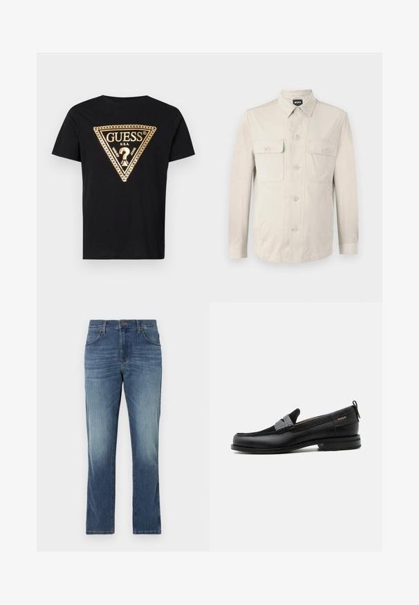 Hellbeige Hemd mit langen Ärmeln, zwei vorderen Taschen und klassischem Kragen. Aus glattem Stoff und in lockerer Passform.; Guess CHAIN - T-Shirt print - jet black; Denim-Jeans in einer mittelblauen Waschung mit geradem Bein, fünf Taschen und einem klassischen Knopf- und Reißverschlussverschluss. Verwaschene Details an den Oberschenkeln.; Schwarzer Lederloafer mit grauem Riemendetail, niedrigem Absatz und strukturierter Sohle, seitlich mit „HUGO“ in Gold gebrandmarkt.