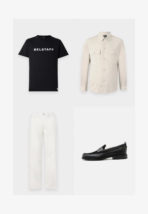 Hellbeige Hemd mit langen Ärmeln, zwei vorderen Taschen und klassischem Kragen. Aus glattem Stoff und in lockerer Passform.; Schwarzes Baumwoll-T-Shirt mit Rundhalsausschnitt, kurzen Ärmeln und weißem "BELSTAFF"-Logo, das über die Brust gedruckt ist.; Gerade geschnittene weiße Denim-Jeans mit Vordertaschen, Gürtelschlaufen und Knopfverschluss in der Taille, vor einem einfarbigen Hintergrund gezeigt.; Schwarzer Lederloafer mit grauem Riemendetail, niedrigem Absatz und strukturierter Sohle, seitlich mit „HUGO“ in Gold gebrandmarkt.