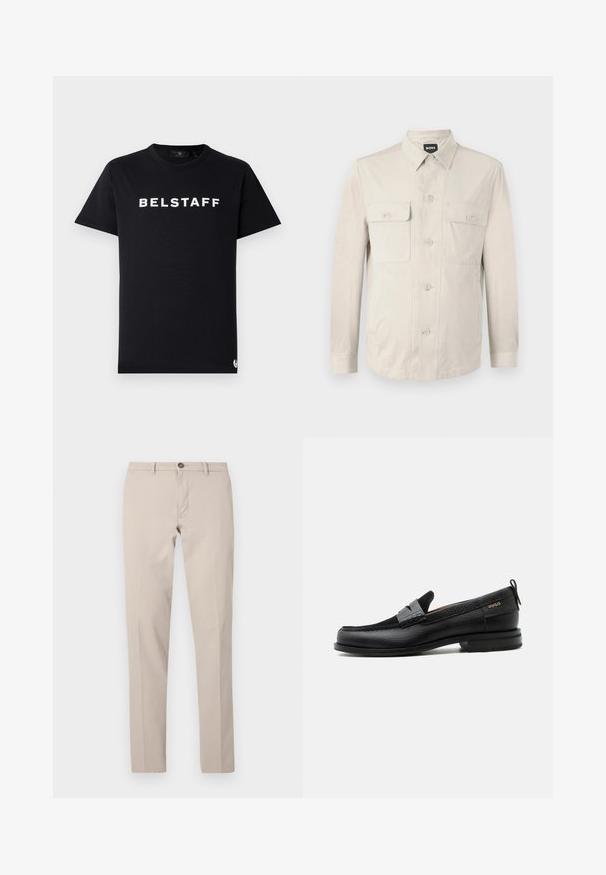 Lichtbeige overhemd met lange mouwen, twee voorkruiden en een klassieke kraag. Gemaakt van een zachte stof met een relaxte pasvorm.; Zwarte katoenen t-shirt met een ronde halslijn, korte mouwen, en een witte "BELSTAFF" logo gedrukt over de borst.; Beige slim-fit broek met riemlussen, knoopsluiting en rits aan de voorkant, plat liggend afgebeeld tegen een witte achtergrond.; Zwarte leren loafer met grijs riemdetailelement, lage hak en gestructureerde zool, aan de zijkant gebrandmerkt met "HUGO" in goud.