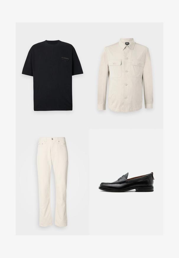 Lys beige skjorte med lange ærmer, to frontlommer og klassisk krave. Fremstillet af glat stof med en afslappet pasform.; Sort T-shirt med korte ærmer og rund halsudskæring med lille "ALLSAINTS" logo trykt på øverste venstre side af brystet.; Beige bomuldsjeans med et klassisk lige ben-design, der har en forreste knaplukning, fem lommer og diskrete syninger.; Sort læder herre loafer med moc-tå syning, penny strop, struktureret krave og lav stablet hæl på hvid baggrund.