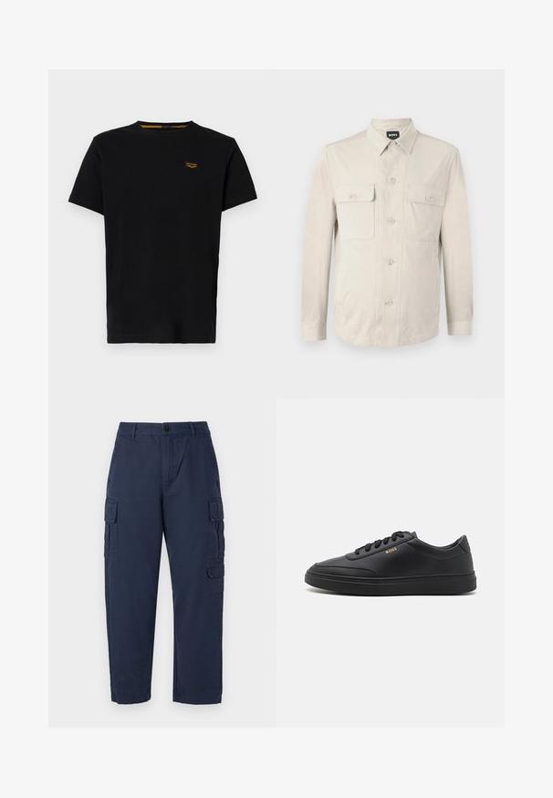 Hellbeige Hemd mit langen Ärmeln, zwei vorderen Taschen und klassischem Kragen. Aus glattem Stoff und in lockerer Passform.; Schwarzes Baumwoll-T-Shirt mit kurzen Ärmeln, Rundhalsausschnitt und einem kleinen, kontrastierenden gelben Markenpatch auf der linken Brustseite.; Marine Cargo-Hose aus Baumwolle. Verfügt über zwei Seitentaschen, einen Knopfverschluss und einen geraden Schnitt. Sanfte Textur und lässige Passform.; Schwarze Leder-Sneaker mit glatter Textur, runder Zehenpartie, flacher Gummisohle und einfarbigen Schnürsenkeln. Mit goldfarbenem "BOSS" Logo an der Seite.